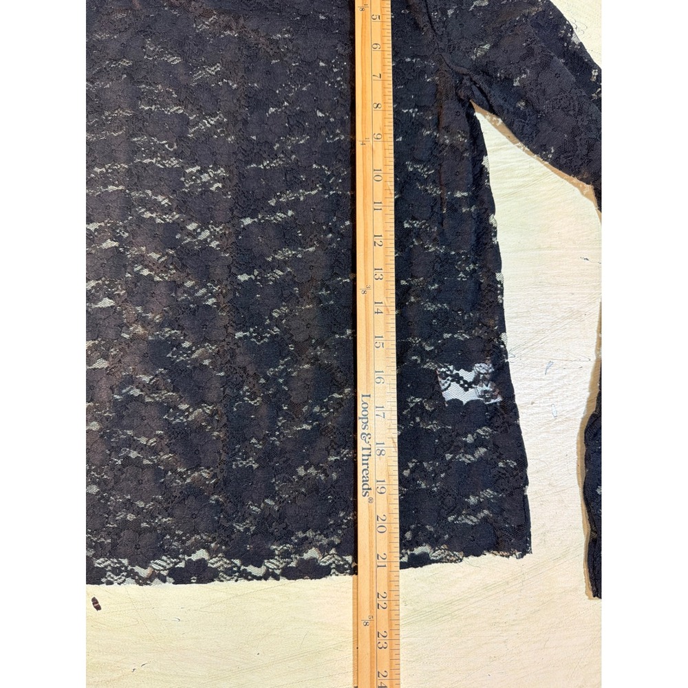 Bongo Lace Top Women Medium Black Long Sleeve Sheer Floral Crew Neck Stretch - Picture 5 of 8